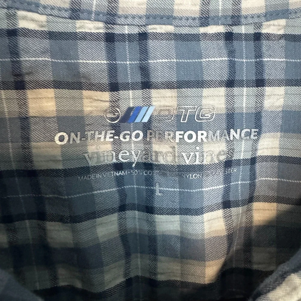 Vineyard Vines Shirt Mens Large Blue Plaid On The Go Seersucker Performance OTG